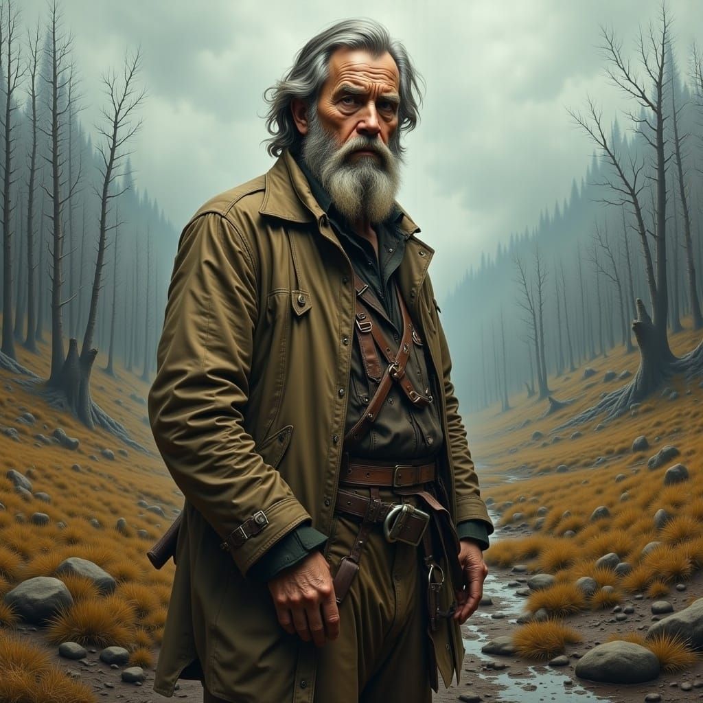 Misty Landscape with Weathered Man, Impressionistic Style