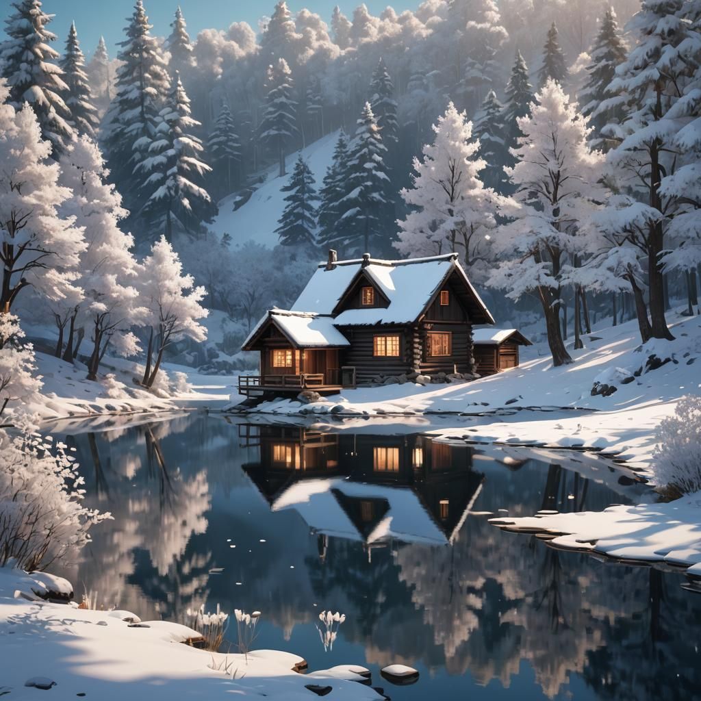 Winter Cabin by Lake: Detailed 3D Anime Art