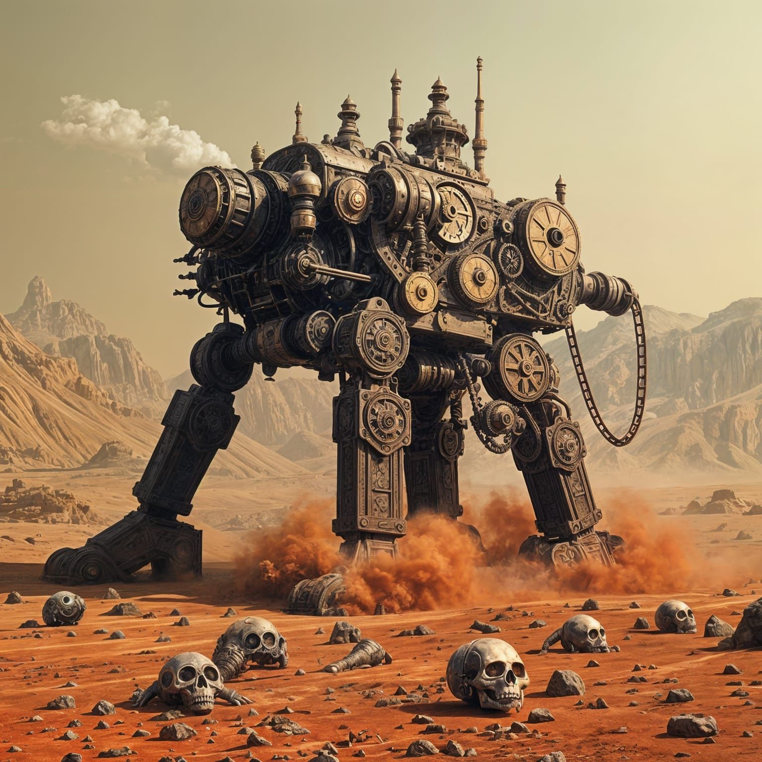 Steampunk Automaton Striding Across Martian Landscape