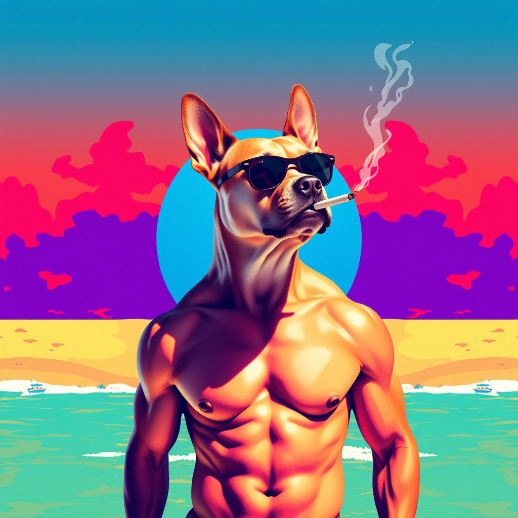 Muscular Dog Smoking on Beach in Pop Art Style