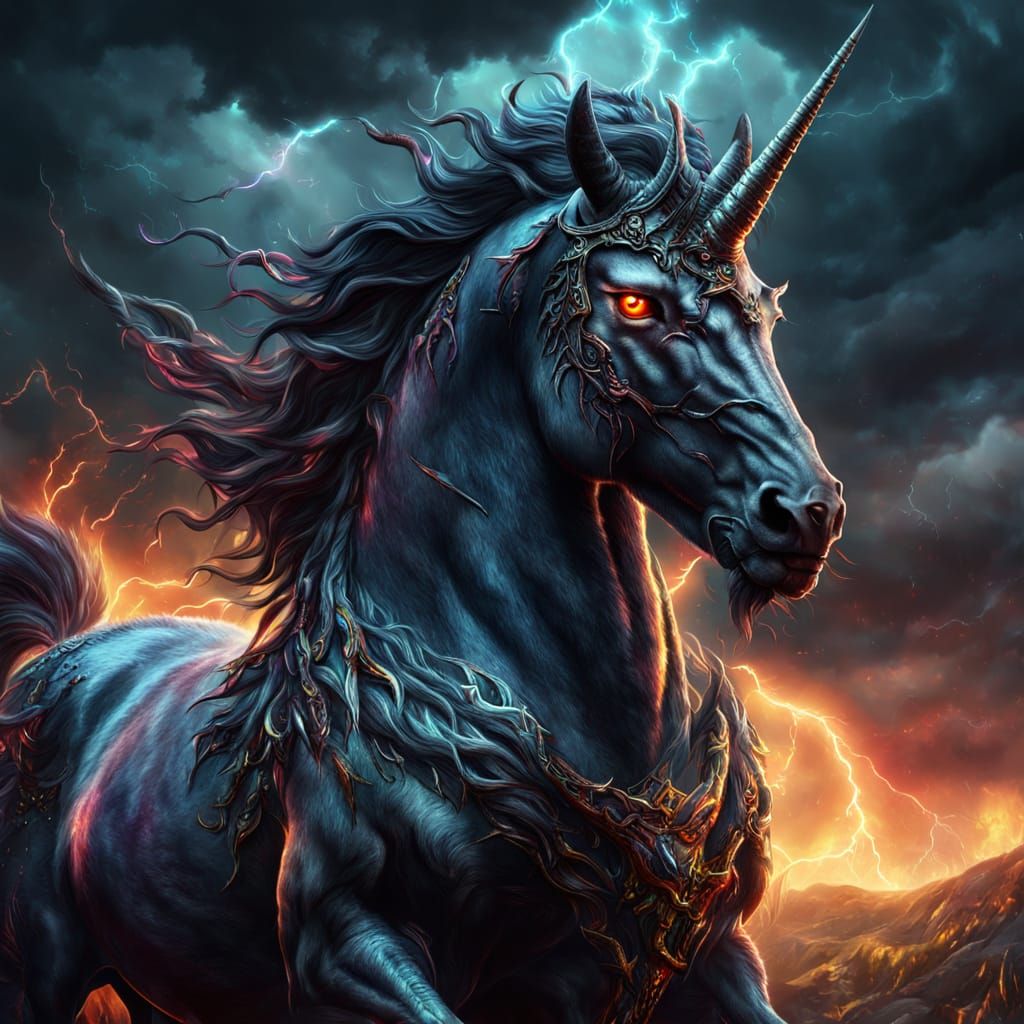 Dark Fantasy Unicorn Surrounded by Spirits