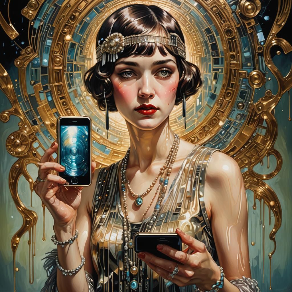 Flapper Girl with iPhone in Surrealist Style