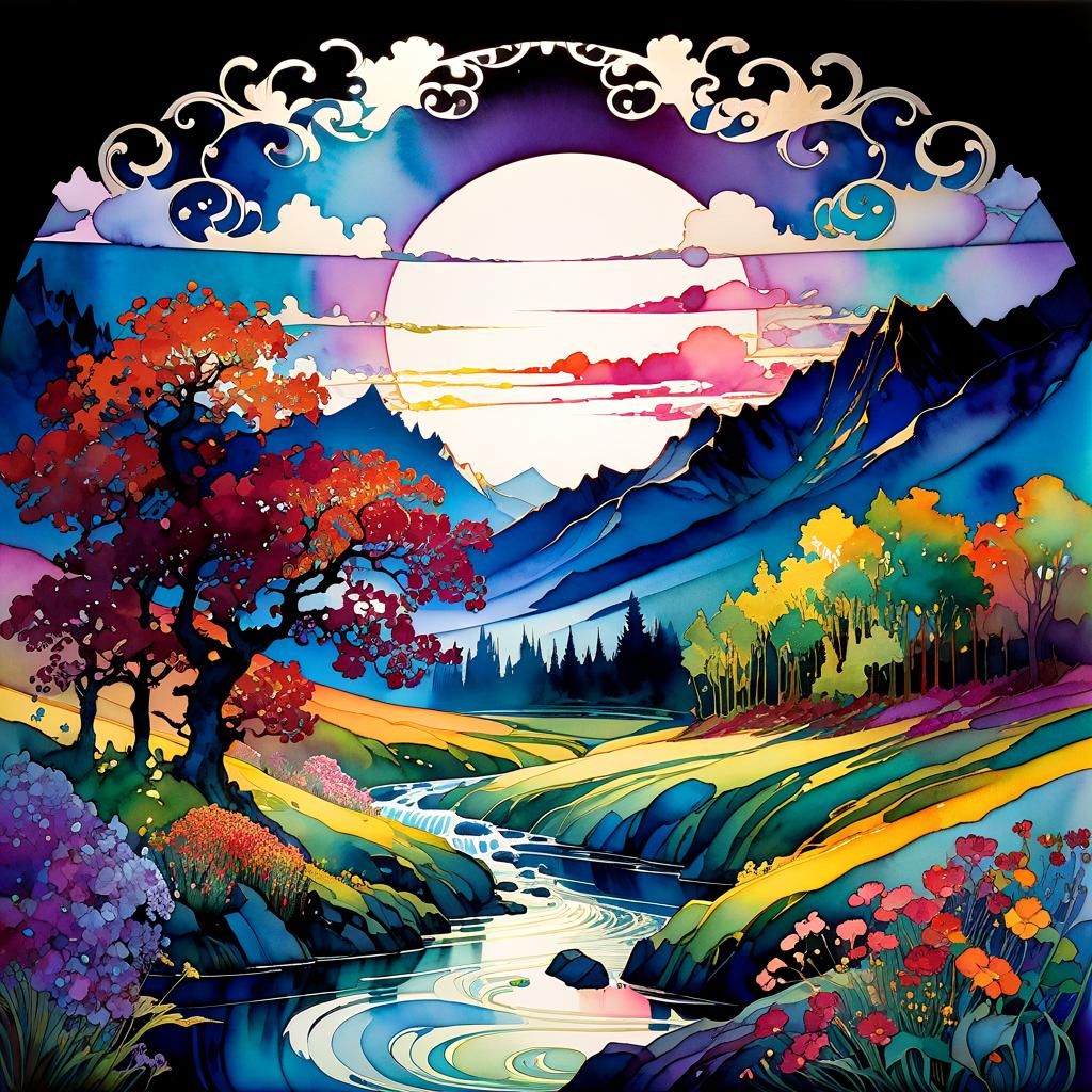 Vibrant Cel-Shaded Dreamscape in Watercolor Style