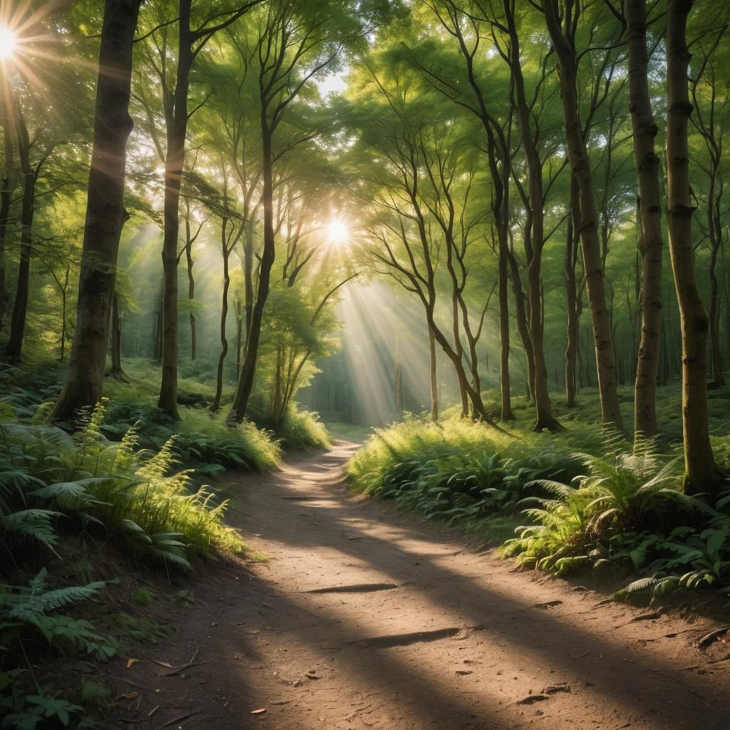 Sunlit Path Through Forest: Serene Tranquility