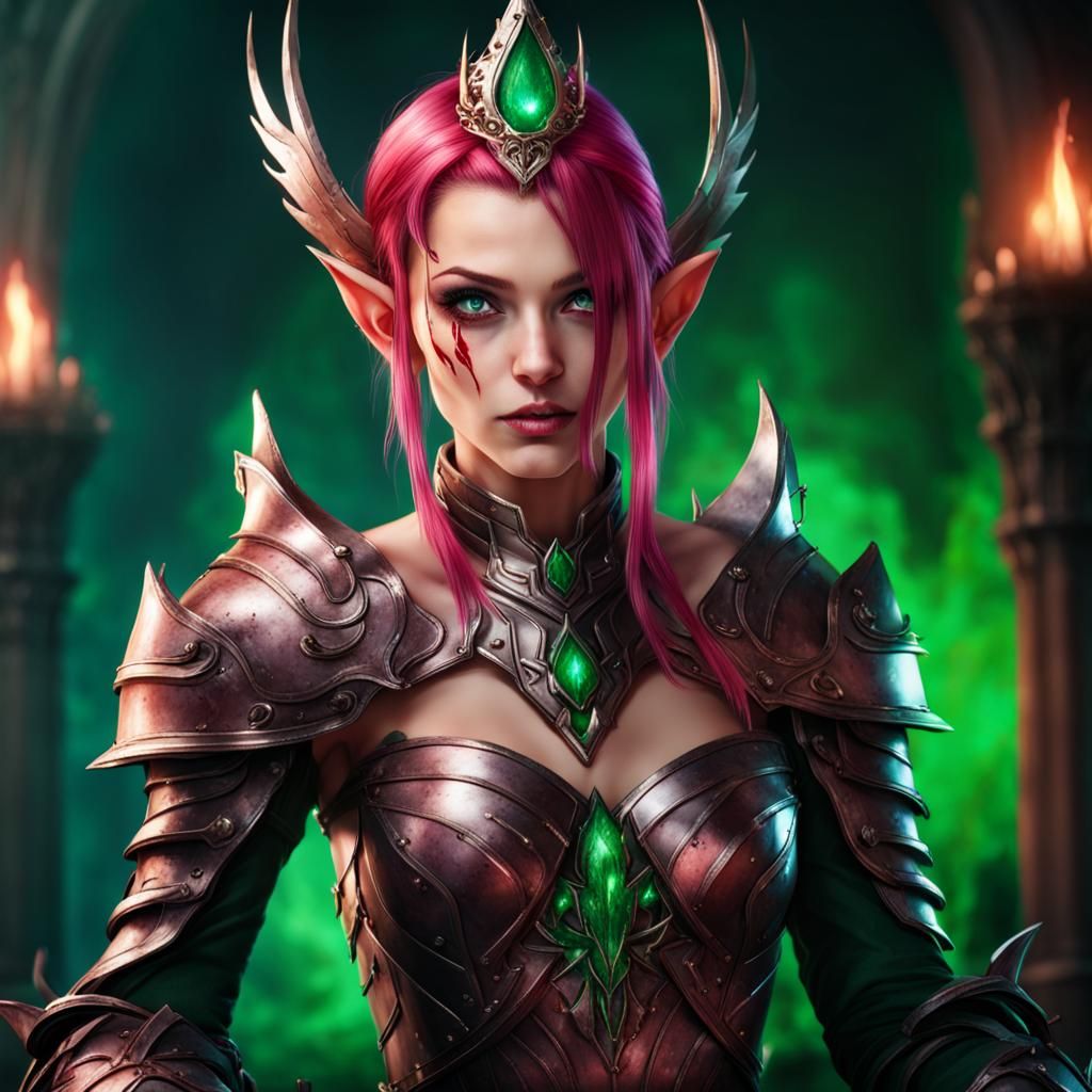 High Elf Princess with Green Flame and Emerald Armor