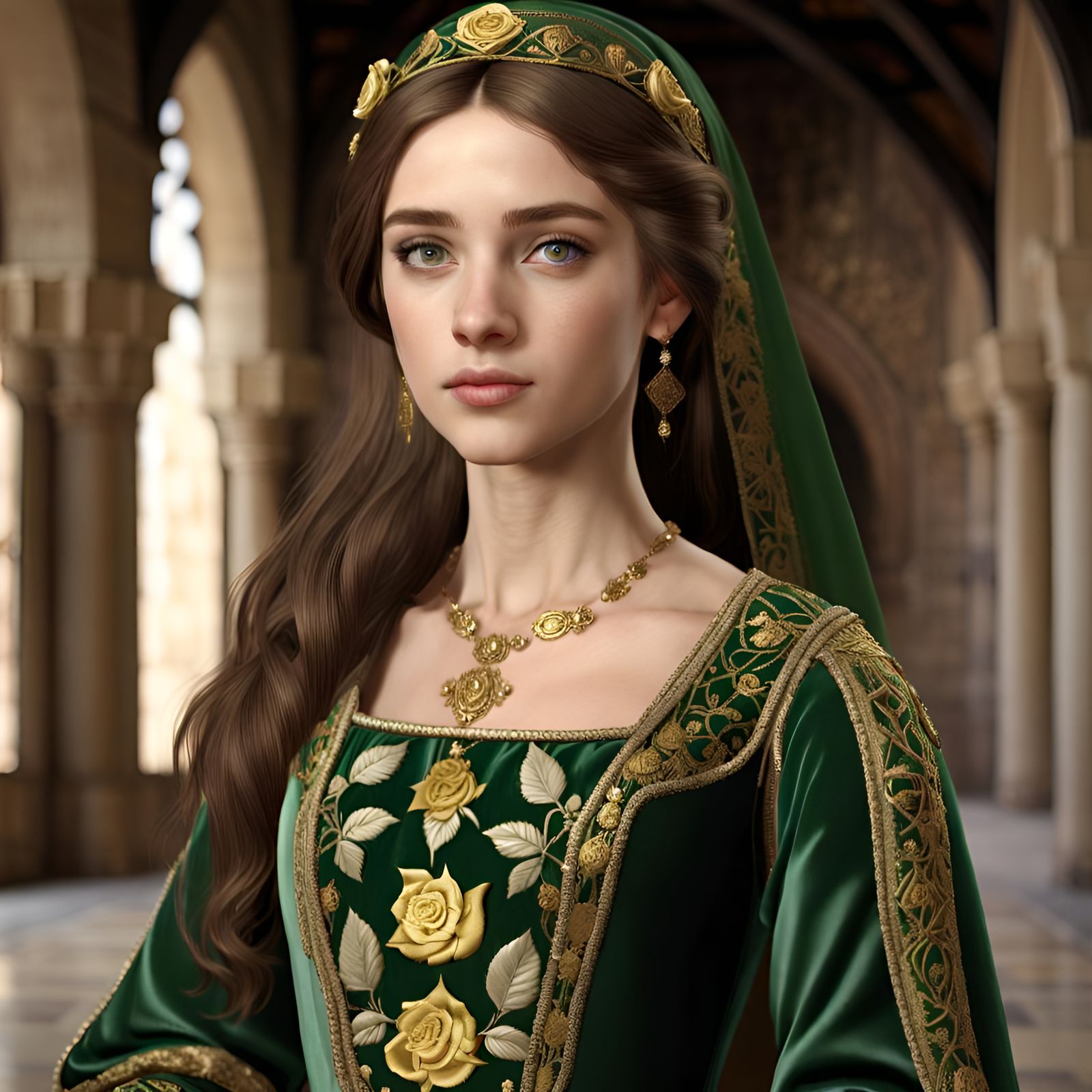 Medieval Noble Lady in Green and Gold Gown