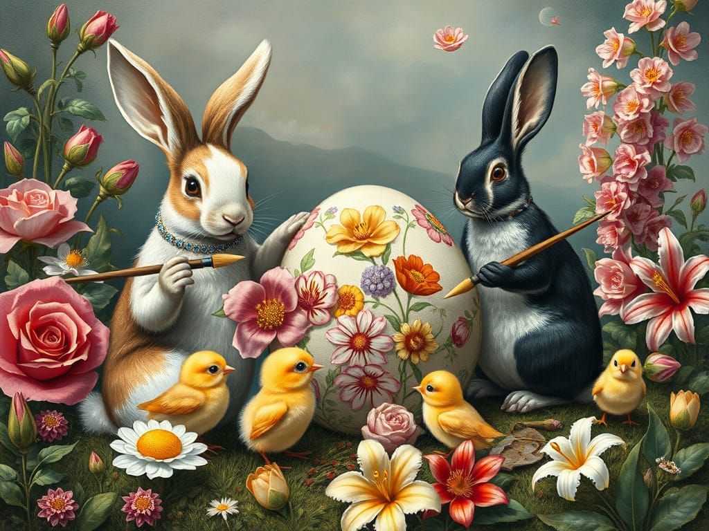 Rabbits and Chicks Painting Easter Eggs
