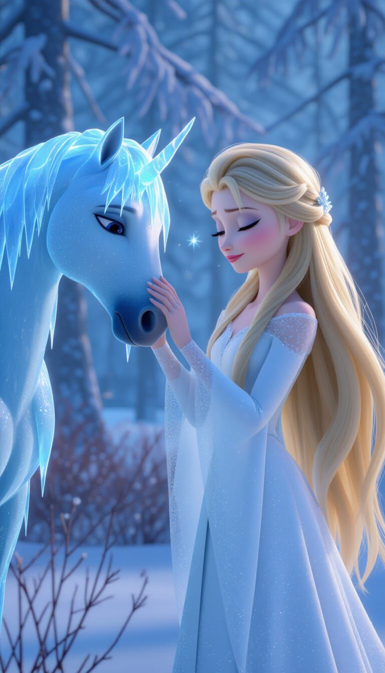 Disney Style Character Touches Ice Horse in Snowy Forest
