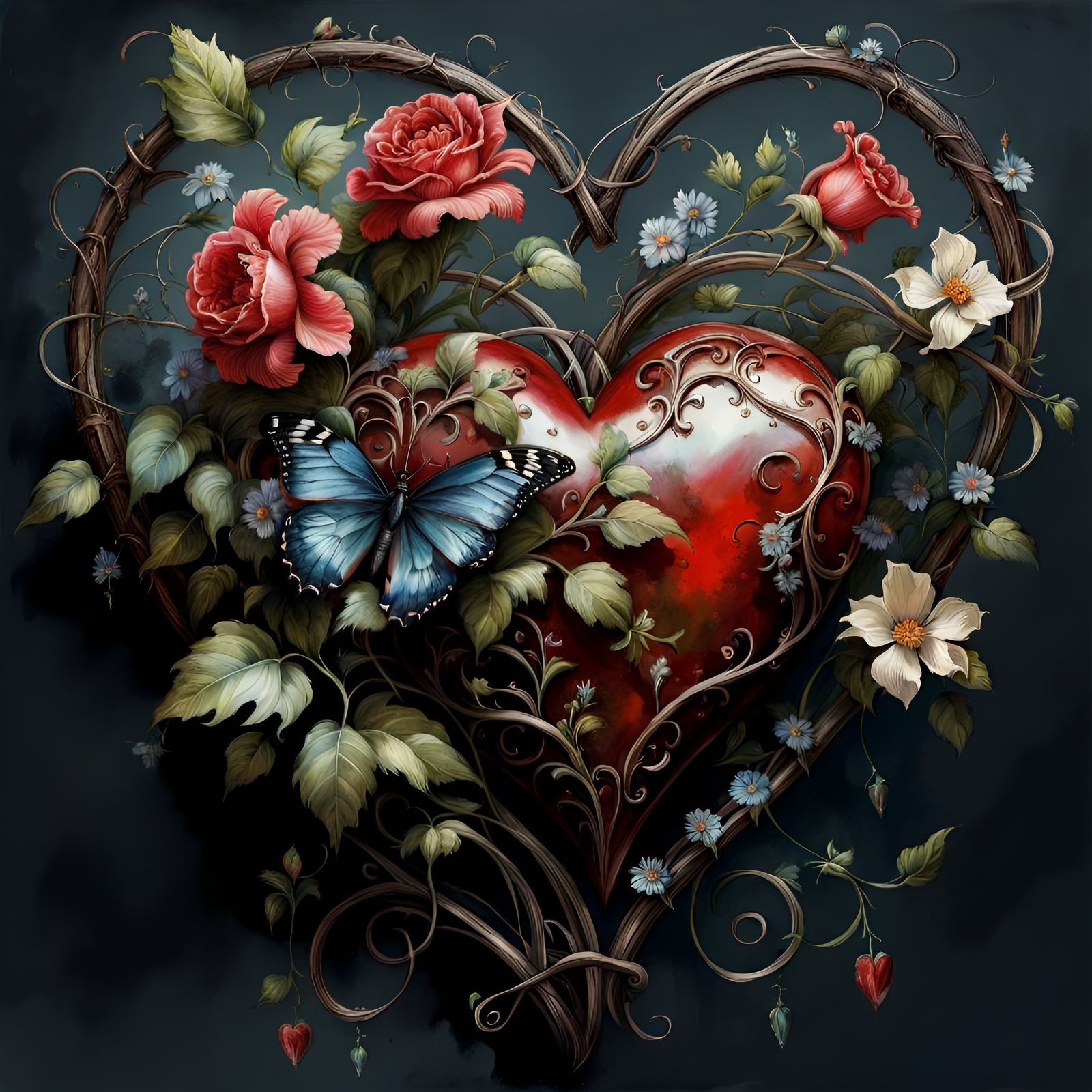 Ornate Heart with Flowers in Gothic Rococo Style