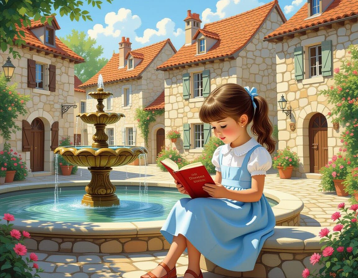 Girl Reading by Fountain in Whimsical Digital Painting Style