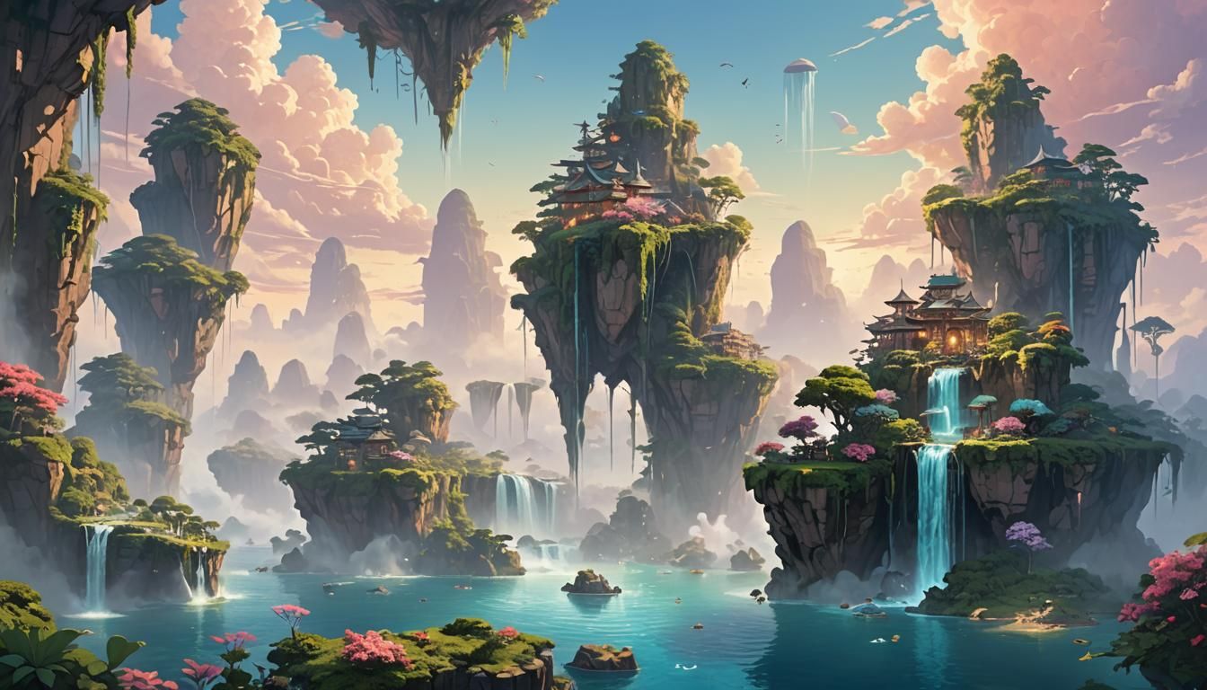 Floating Sky Islands with Waterfalls and Chain-linked Cities