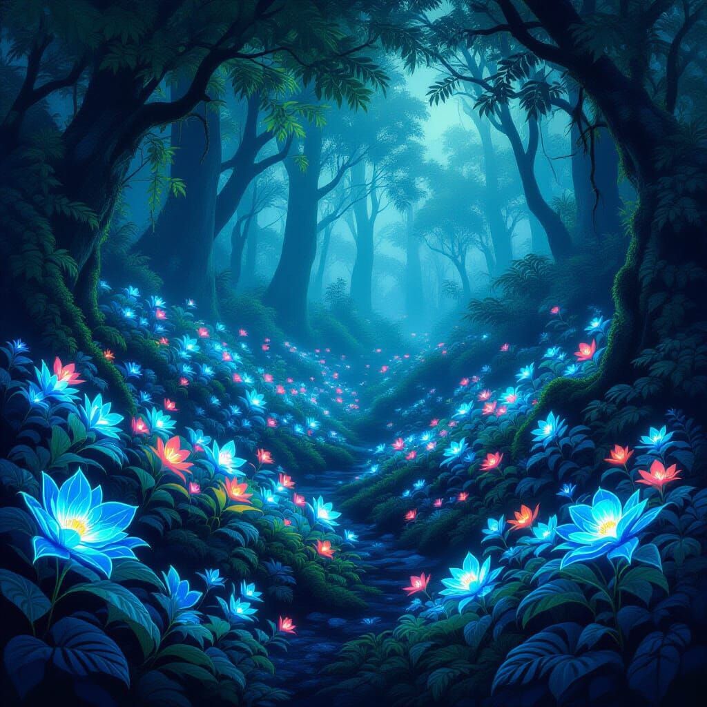 Mystical Forest with Vibrant Bioluminescent Plants