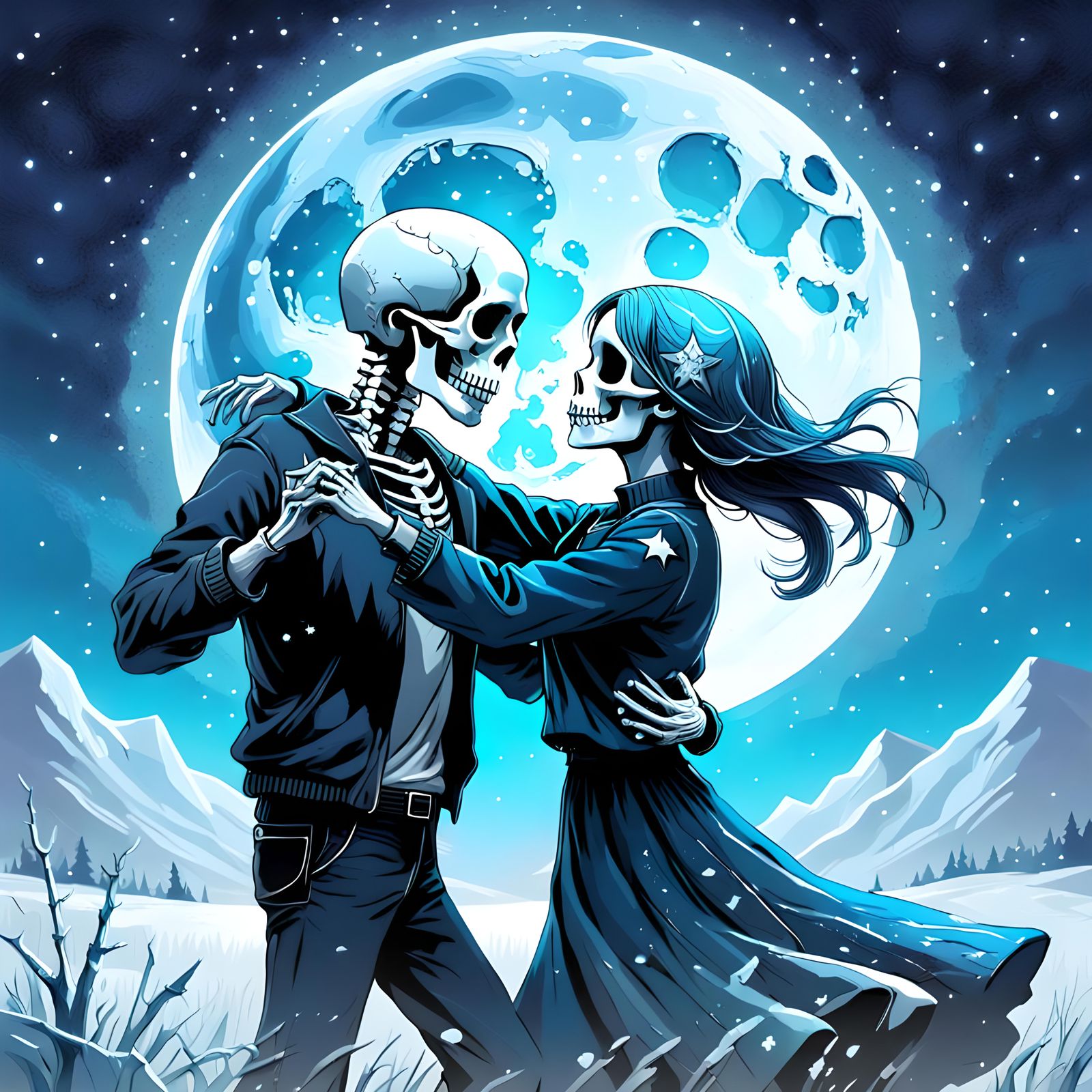 Macabre Couple Dancing in Starry Skull Night