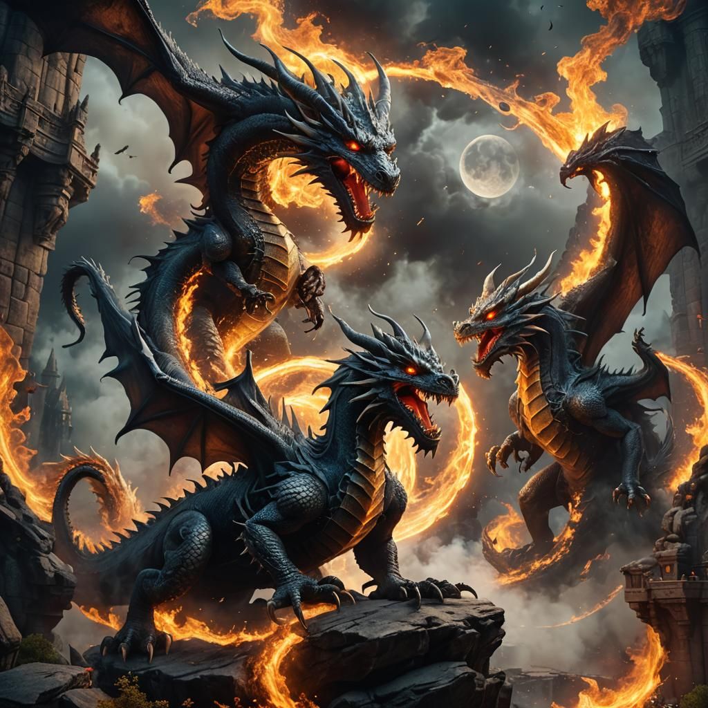 Smokey Dragons of Sun and Moon: Detailed Digital Painting