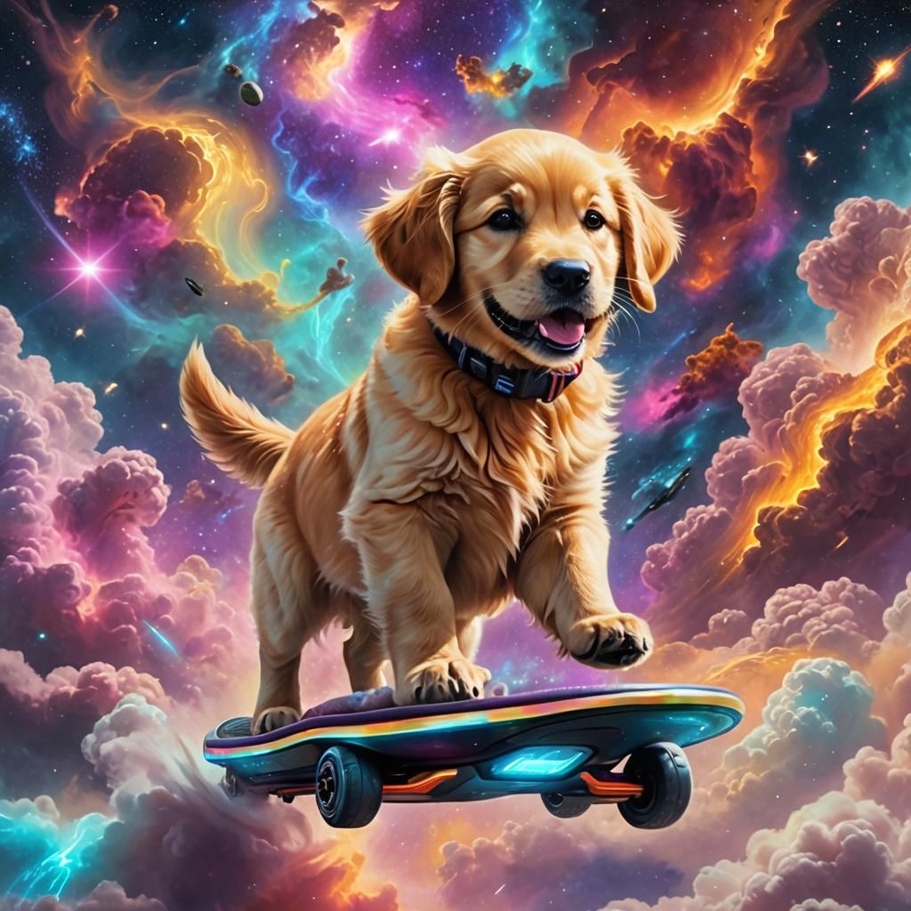 Puppy Rides Cosmic Wave: A Surreal Oil Painting