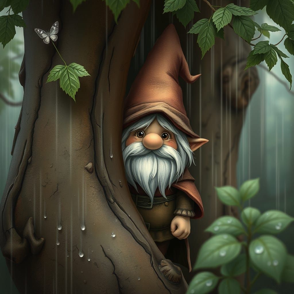 Whimsical Gnome Peeks from Behind a Tree in the Rain