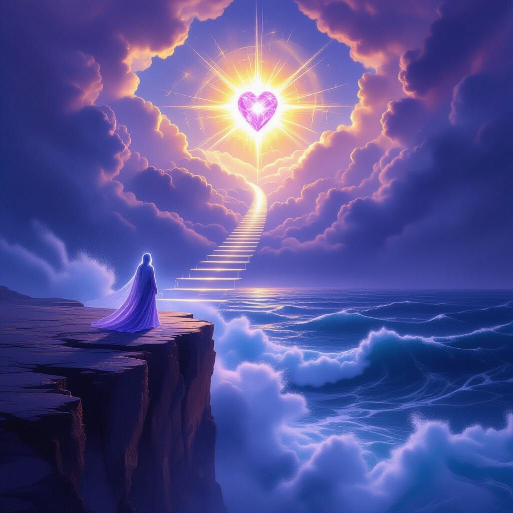 Mystical Soul Reaches for Divine Light Above Stormy Seas