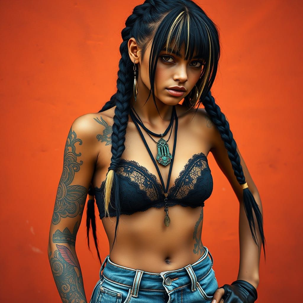 Edgy Indian Woman with Braids and Tattoos