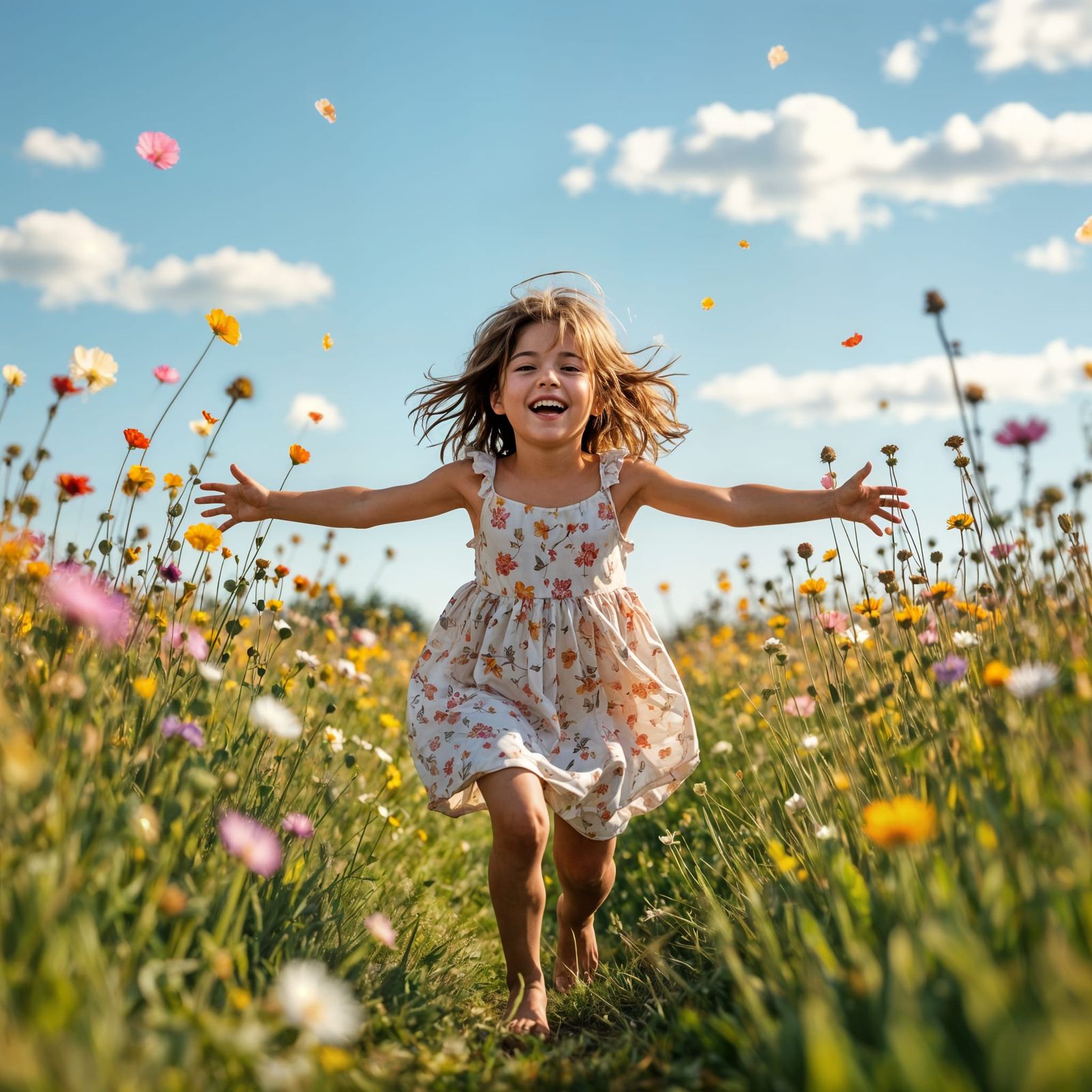 Child Running Through Wildflower Field in Pastel Colors