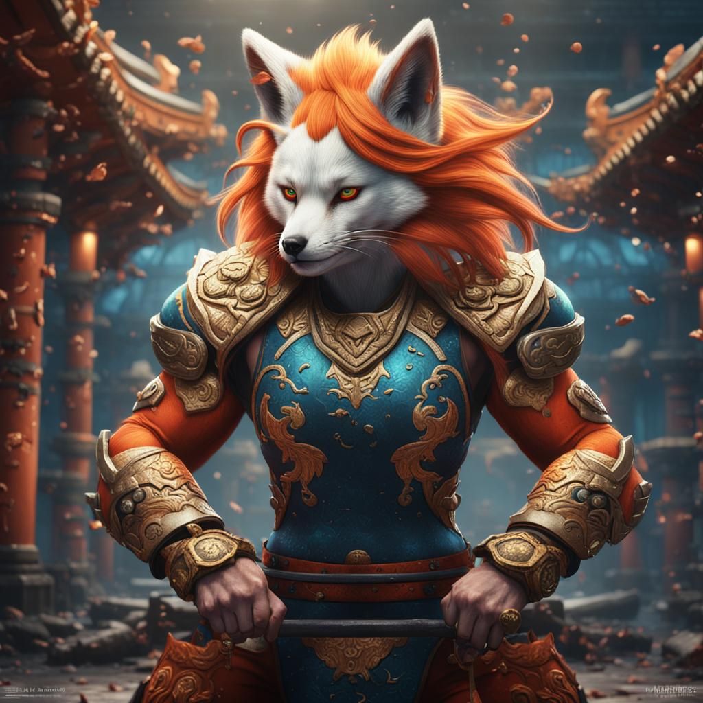 Kitsune Weightlifter in Detailed Matte Painting Style