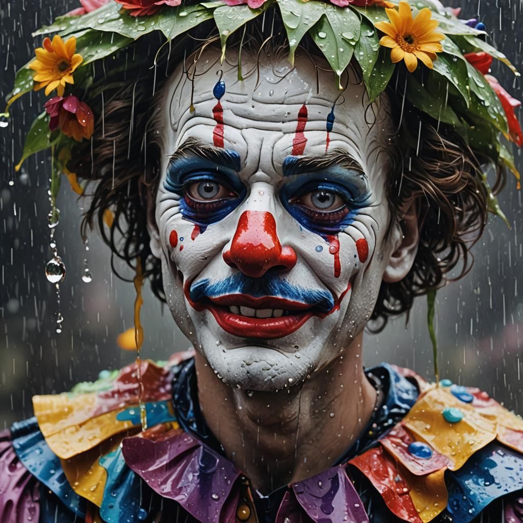 Surreal Clown Crying in Rain with Flower