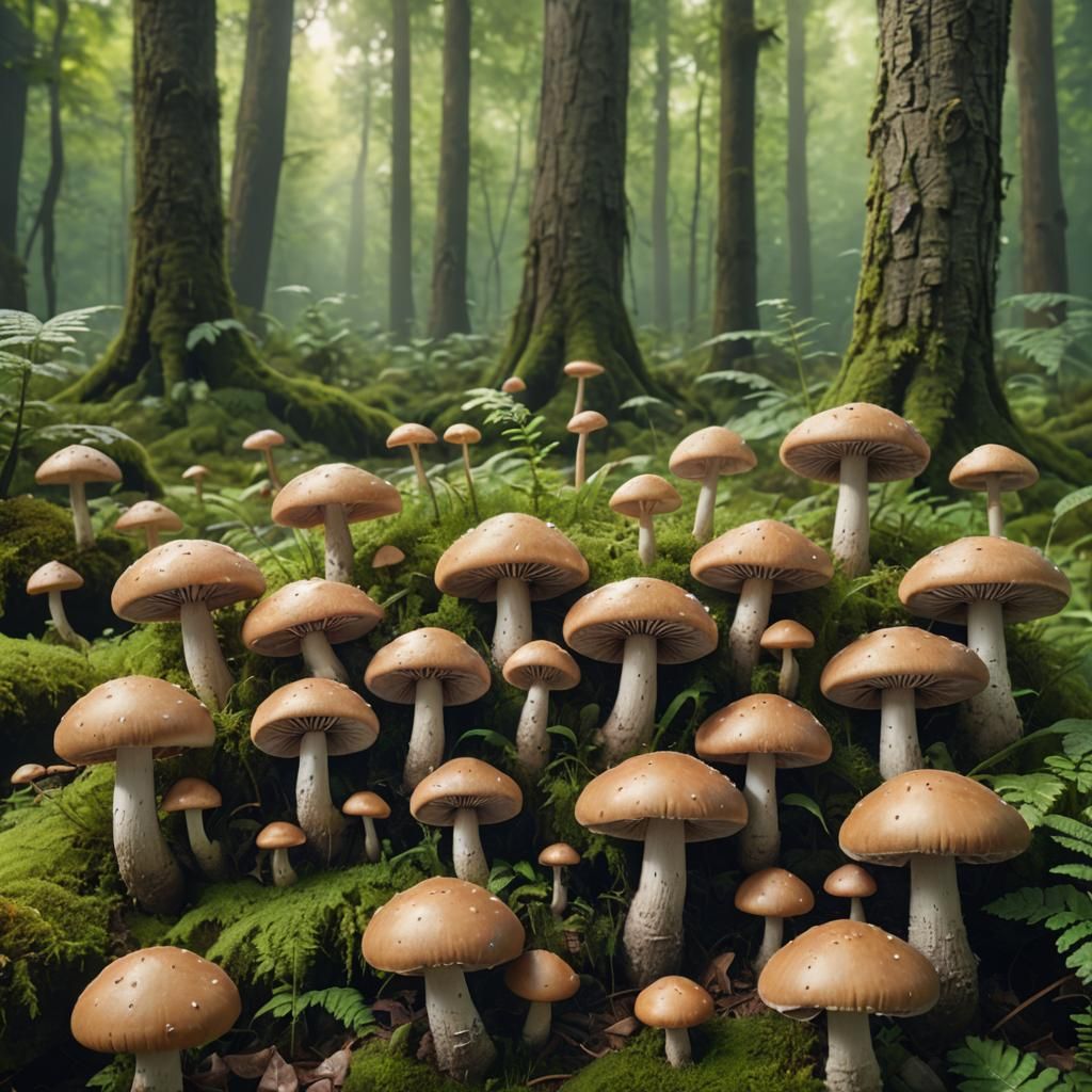 Anthropomorphic Mushrooms in Lush Forest: Macro Photography