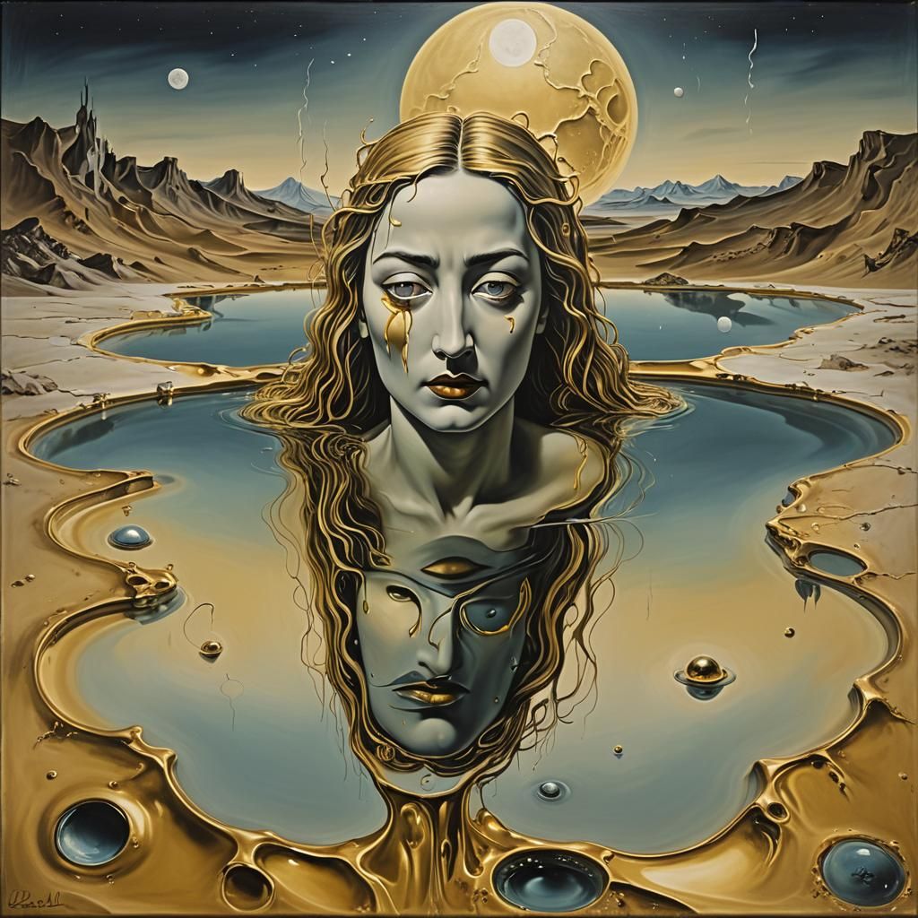 Ethereal Woman Rising from Golden Moon Pool