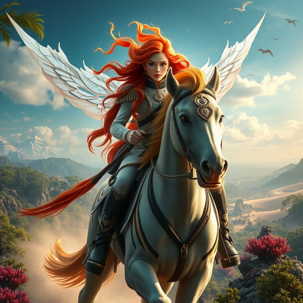 Fiery Fairy Rides Tiger-Horse Through Diverse Landscape