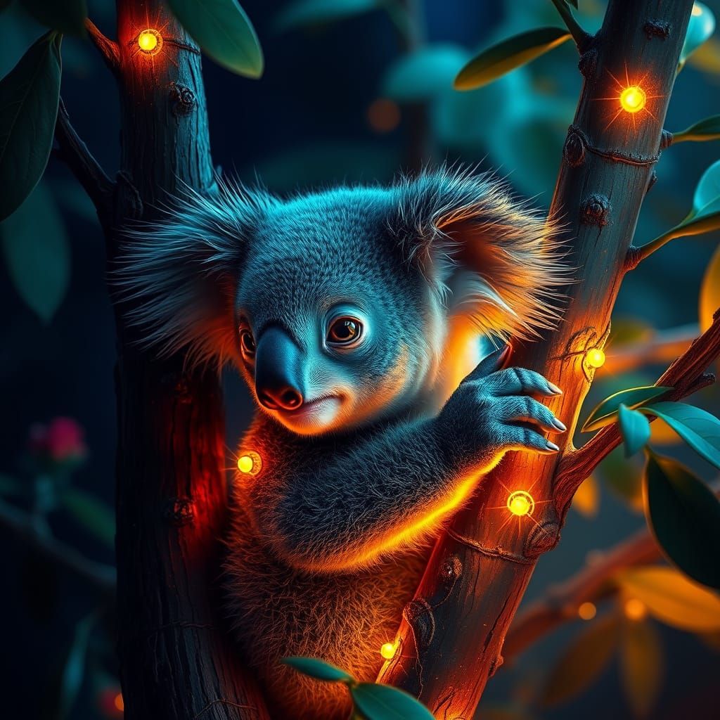 Hyperrealistic Baby Koala in Glowing Tree