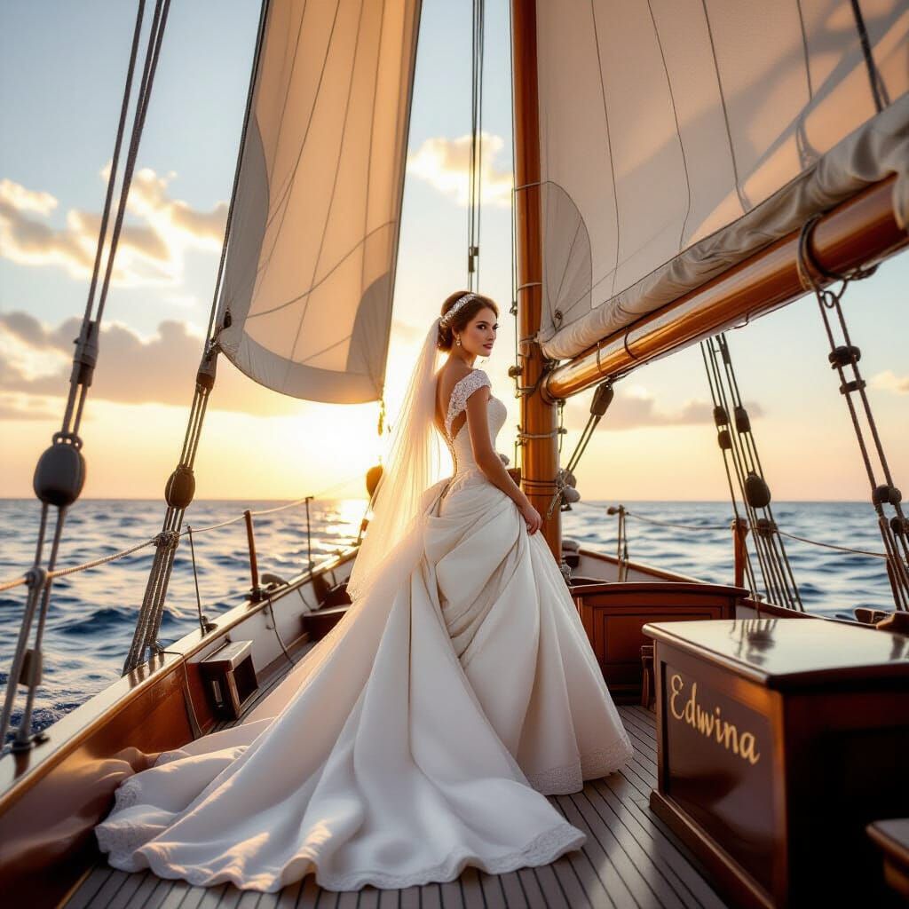 Bride on Sailboat Deck at Golden Hour