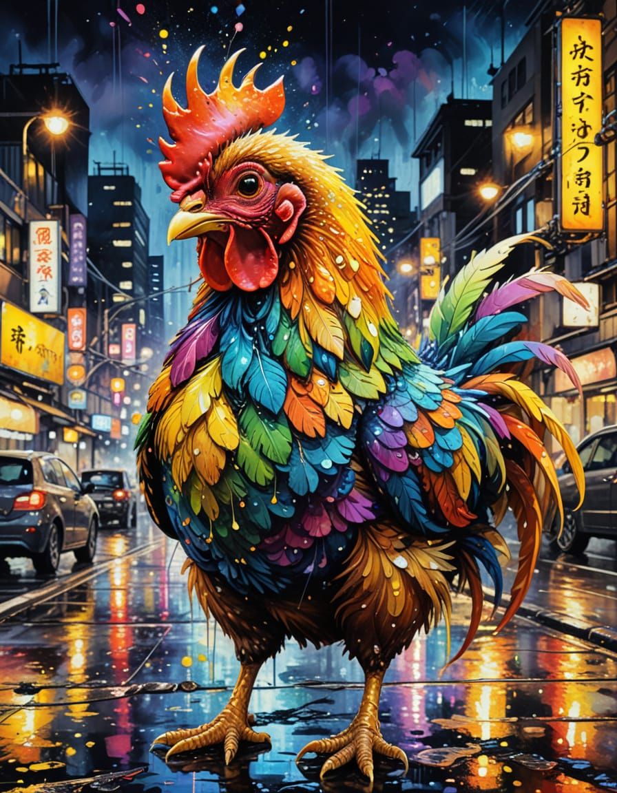 Steampunk Chicken in Rainbow Dress, Tokyo Night City