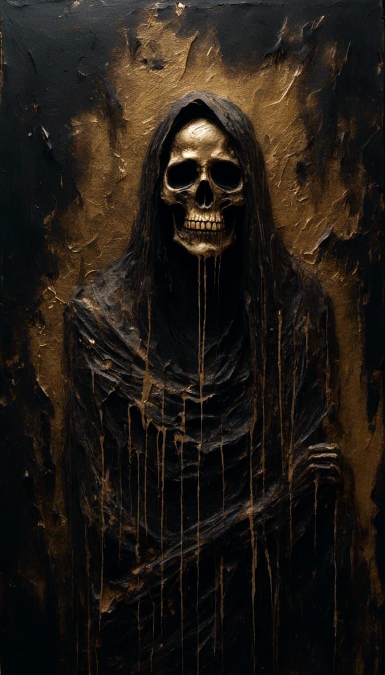 Macabre Santa Muerte Painting with Golden Highlights