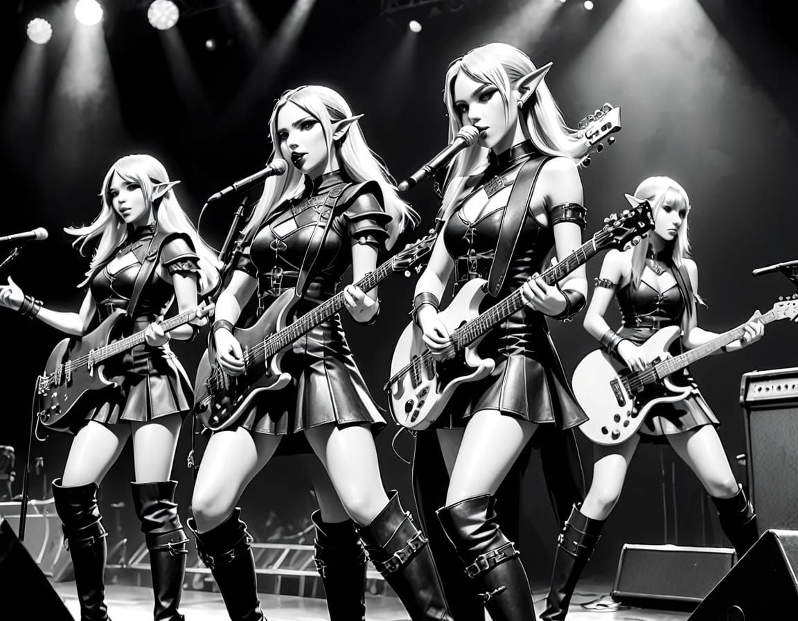 Elven Rock Band Performance in Berserk Manga Style