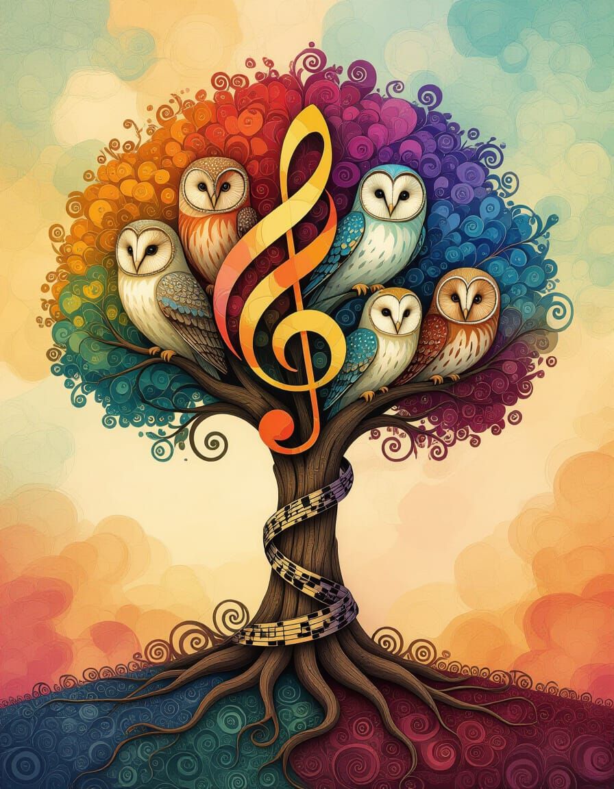 Surreal Music Tree with Owls and Fractal Flame