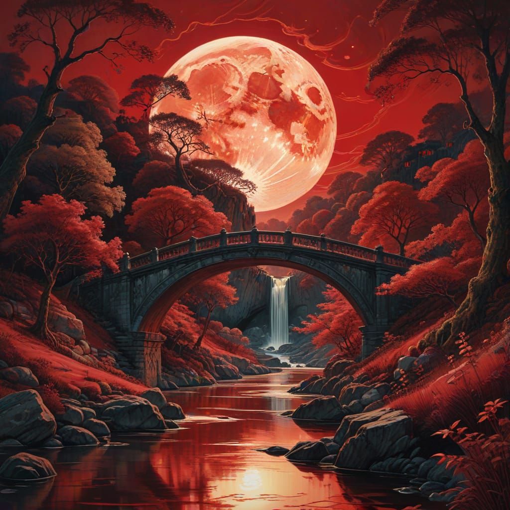 Crimson Twilight: Moonlit River with Waterfall and Bridge