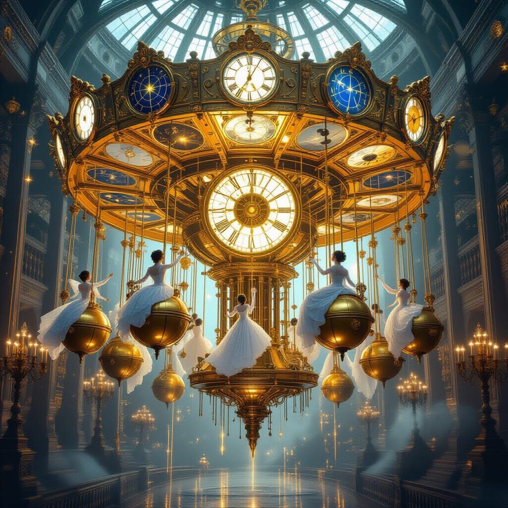 Dreamlike Clockwork Carousel in Ethereal Sky