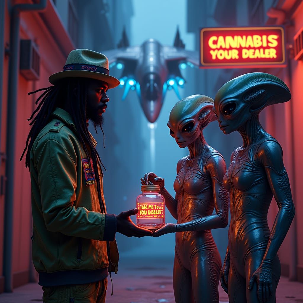 Rastafarian Meets Aliens in Neon Alleyway Scene