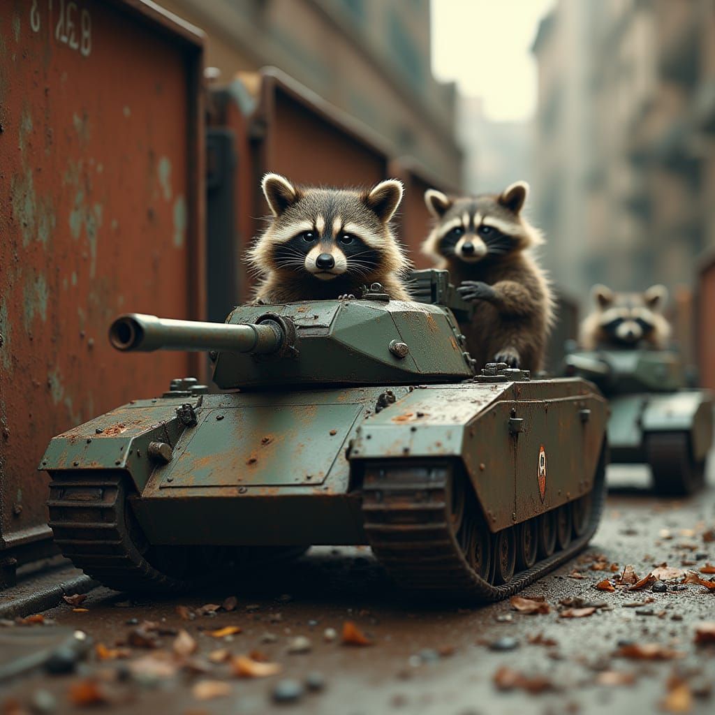 Raccoons in Metallic Tanks Destroy a Rusty Dumpster