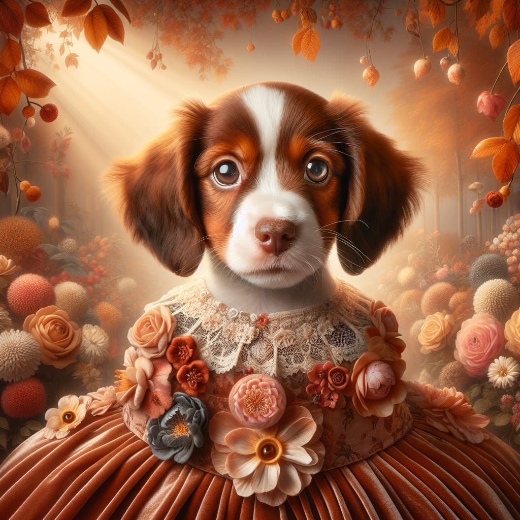 Puppy in Velvet Dress Amidst Autumn Flowers