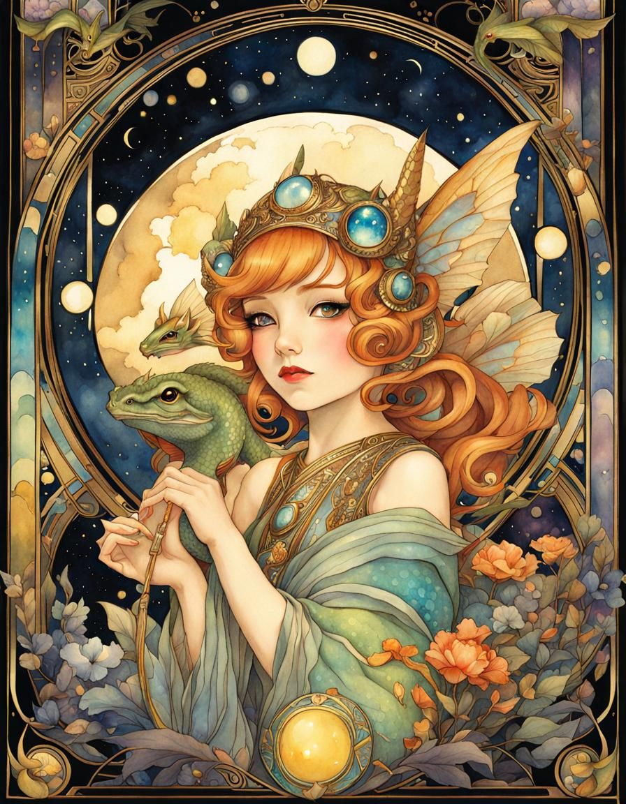 Art Deco Chibi Dragons in Watercolor Style