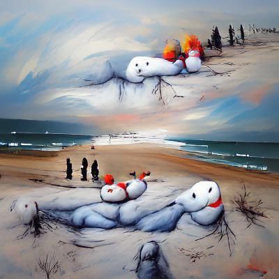 Creepy Headless Snowmen on a Winter Beach