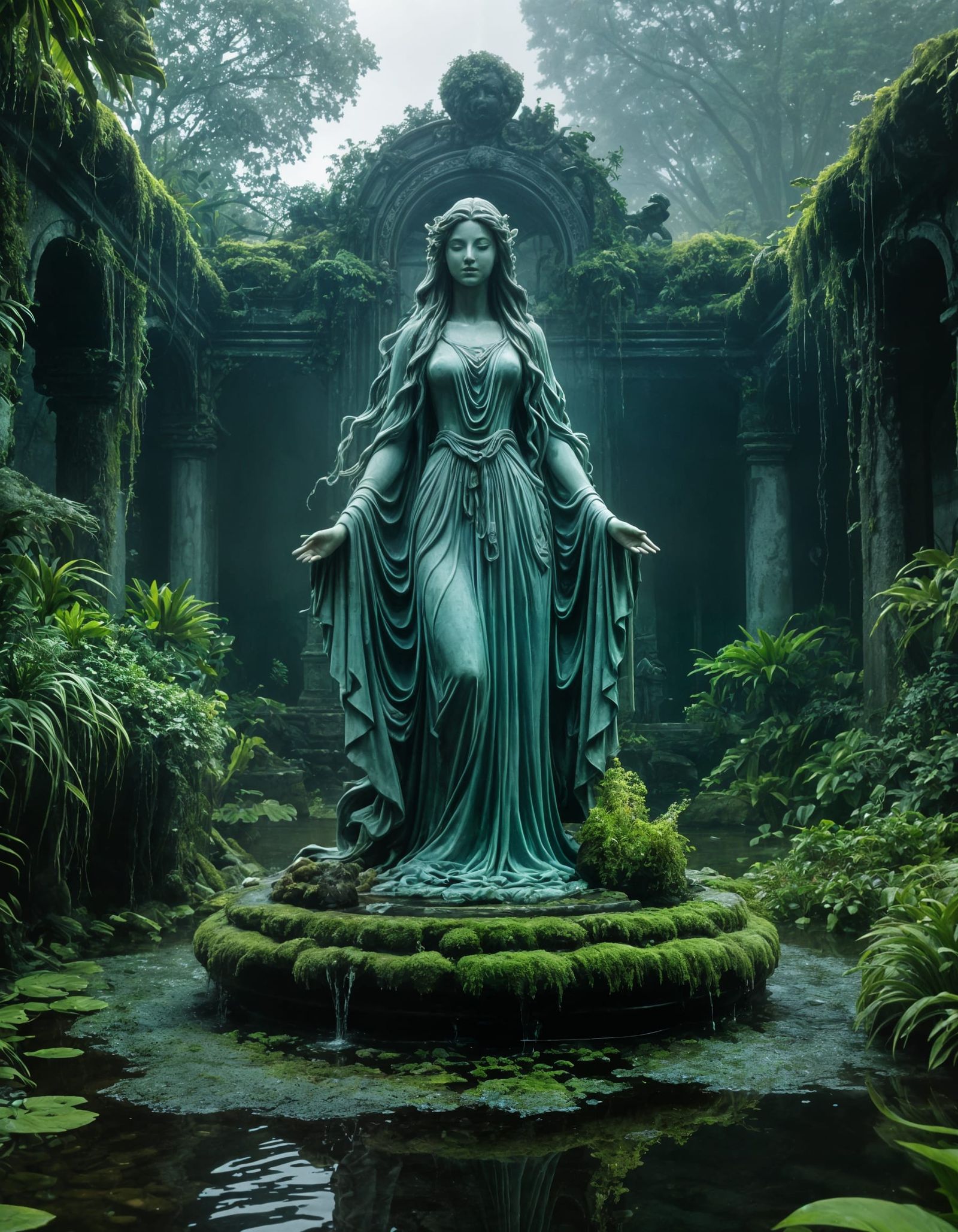 Water Deity Statue in Abandoned Estate