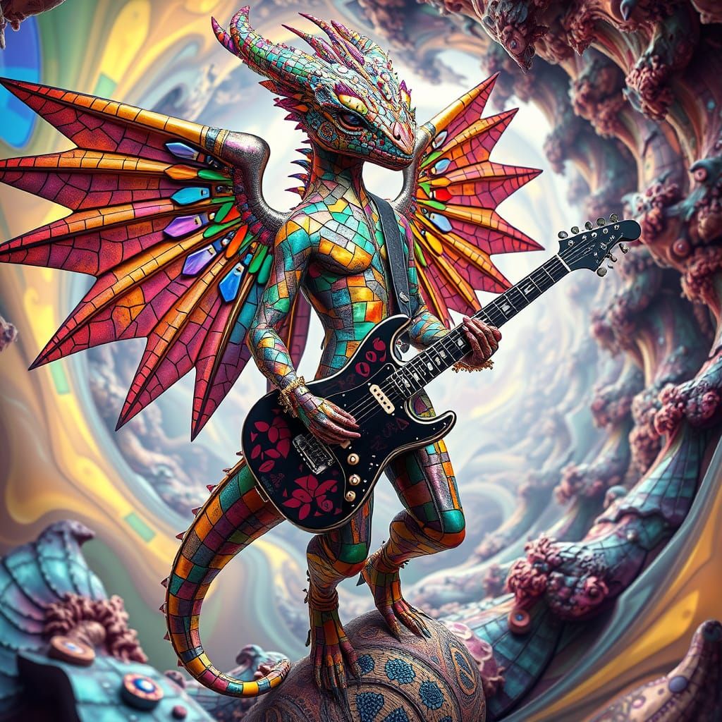 whimsical rainbow winged mosaic musical monster    hybrid cr...