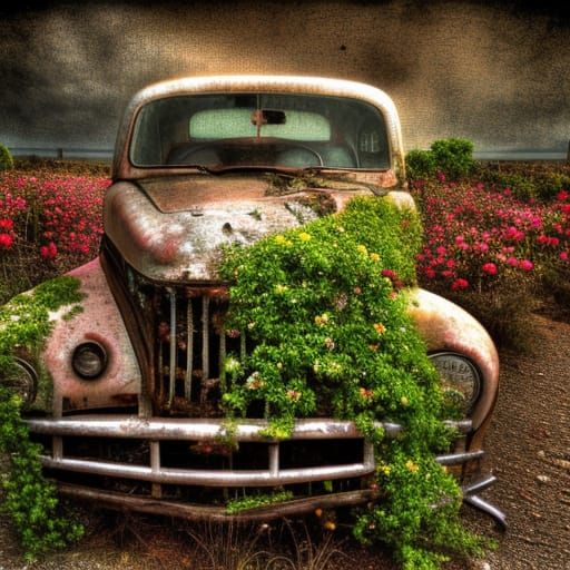 Vines and Flowers Adorn an Old Car: Hyperrealistic Oil Paint...