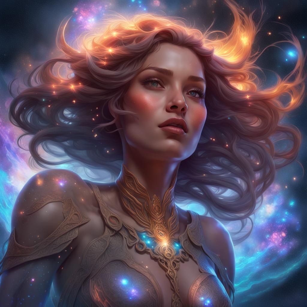 Mystical Woman in Glowing Galaxy Portrait