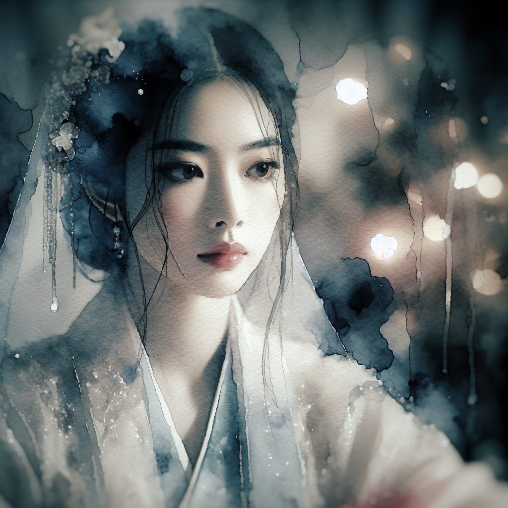 Ethereal Christmas Night Asian Beauty in Watercolor