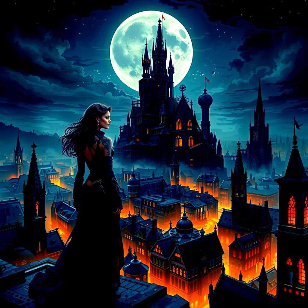 Gothic Cityscape Overlook with Woman on Precipice