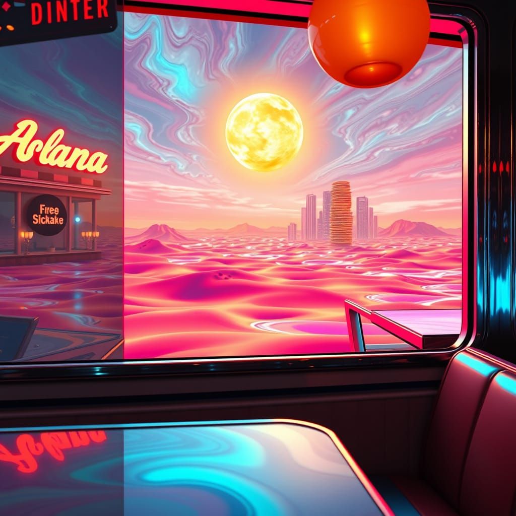 Surreal Diner Portal to Dreamlike Landscape in Chrome and Ne...
