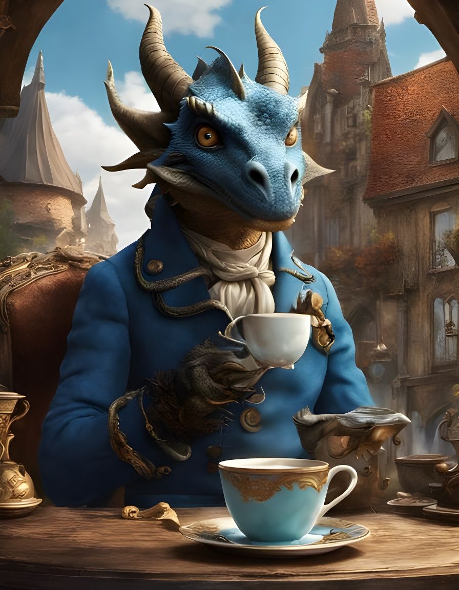 Sophisticated dragon drinking a cup of tea