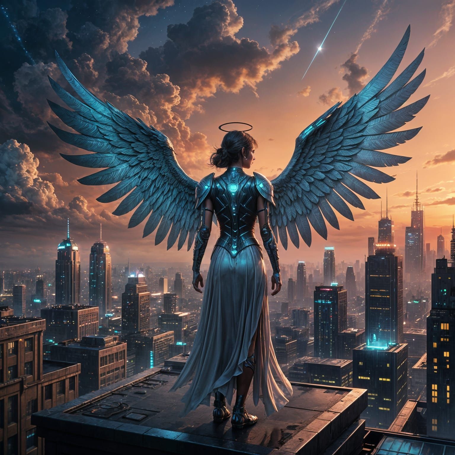 Futuristic Angel Overlooking Neon City at Dusk